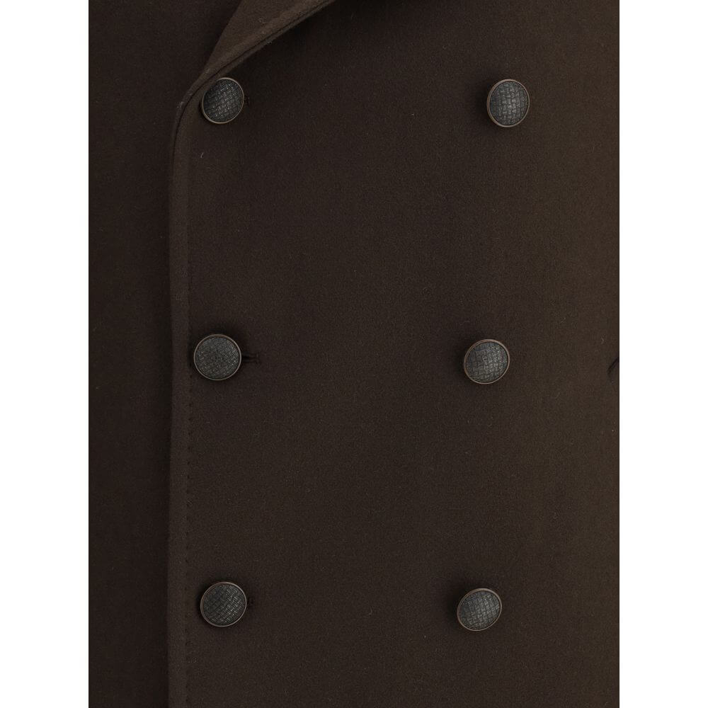 Close-up detail of Tagliatore Brown Wool Coat with double-breasted button closure showing elegant craftsmanship and contemporary style.