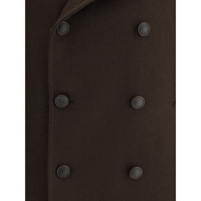 Close-up detail of Tagliatore Brown Wool Coat with double-breasted button closure showing elegant craftsmanship and contemporary style.
