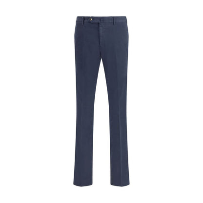 PT Torino Blue Cotton Casual Pants featuring regular fit, front button, and zipper closure with side and back pockets.