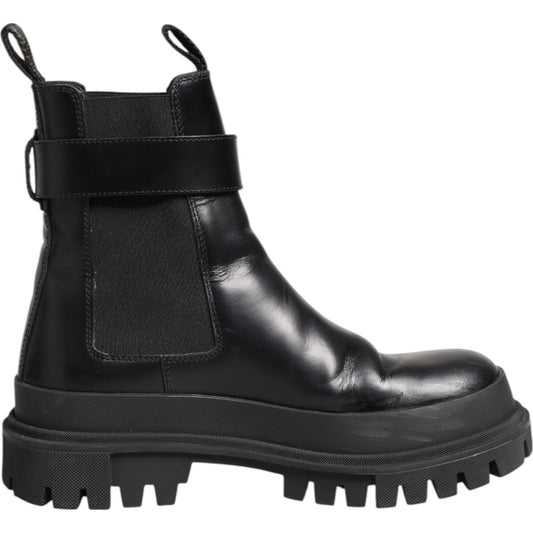 Dolce & Gabbana Black Calfskin DG Logo Strap Ankle Boots Shoes