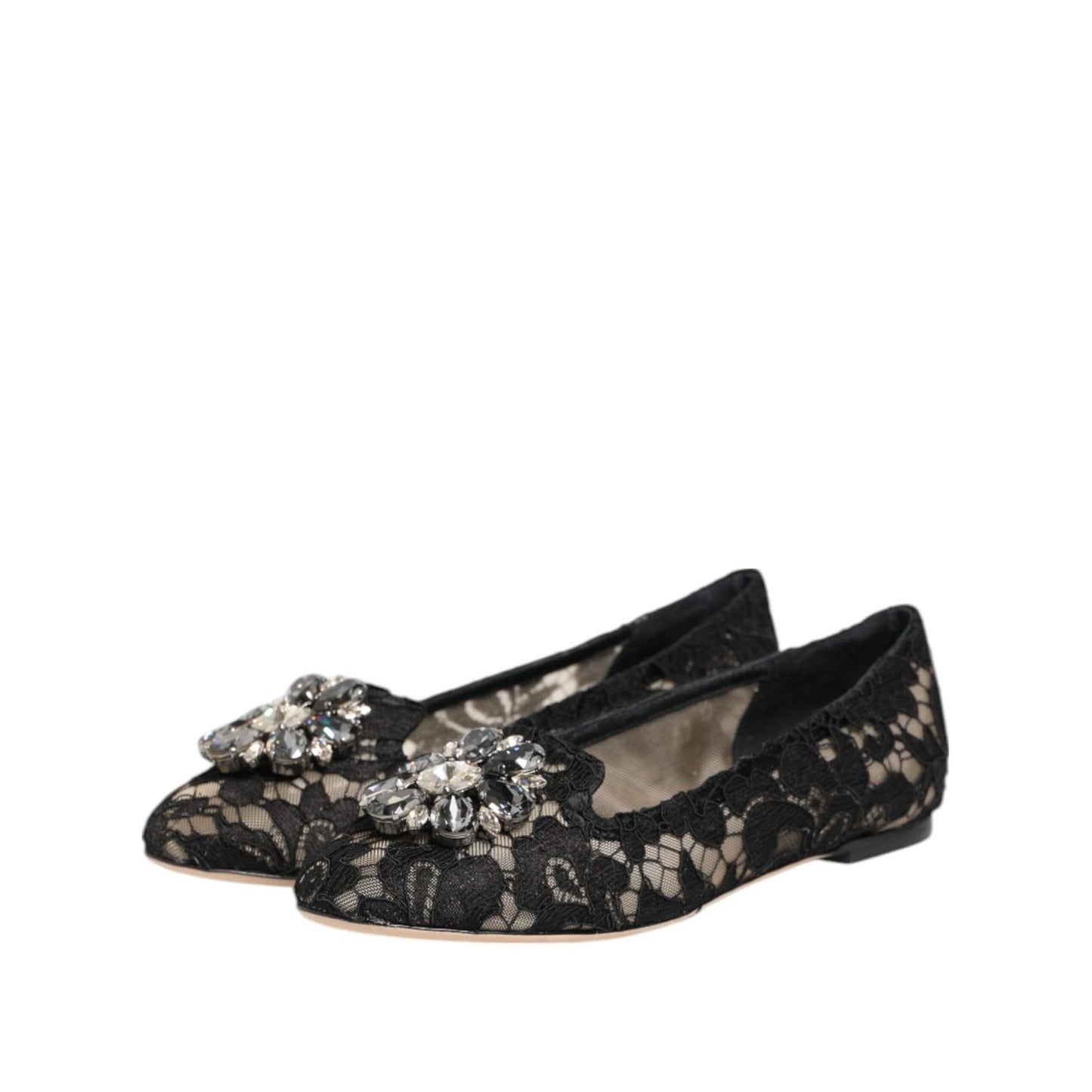 Dolce & Gabbana Black Taormina Lace Crystals Flats Shoes