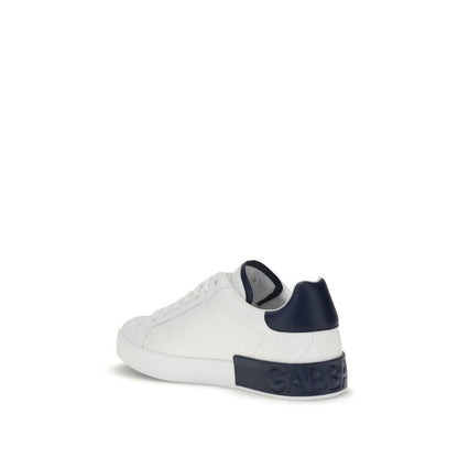 Dolce & Gabbana White Calf Leather Bos Taurus Low Top Sneakers with navy heel and logo stripe, rear view on a white background