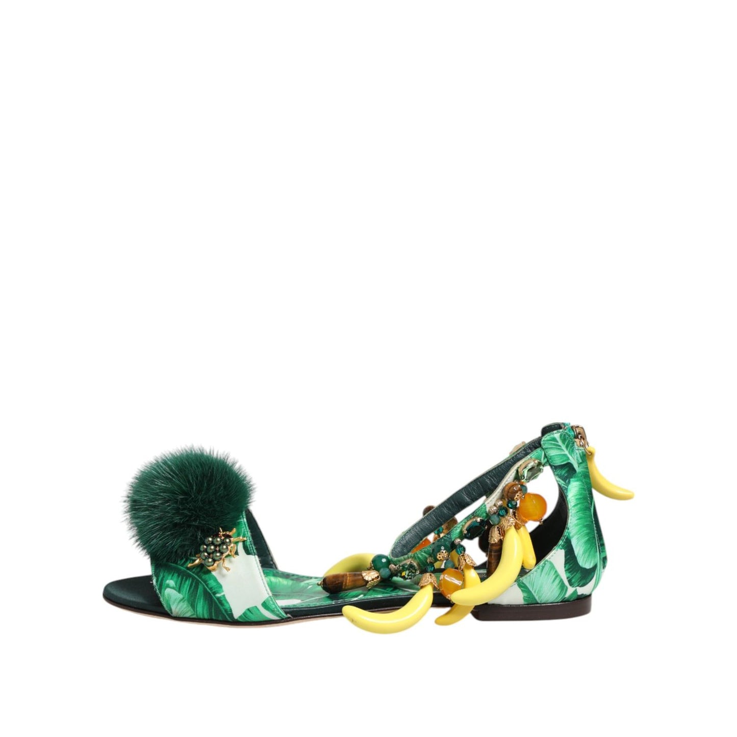 Dolce & Gabbana Green Mink Fur Satin Banana Leaf Sandals Shoes