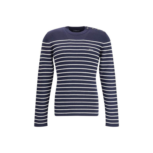 Prada Blue Fleece Wool Sweatshirt with striped pattern and ribbed crew neck, featuring iconic jacquard signature. Made in Italy.