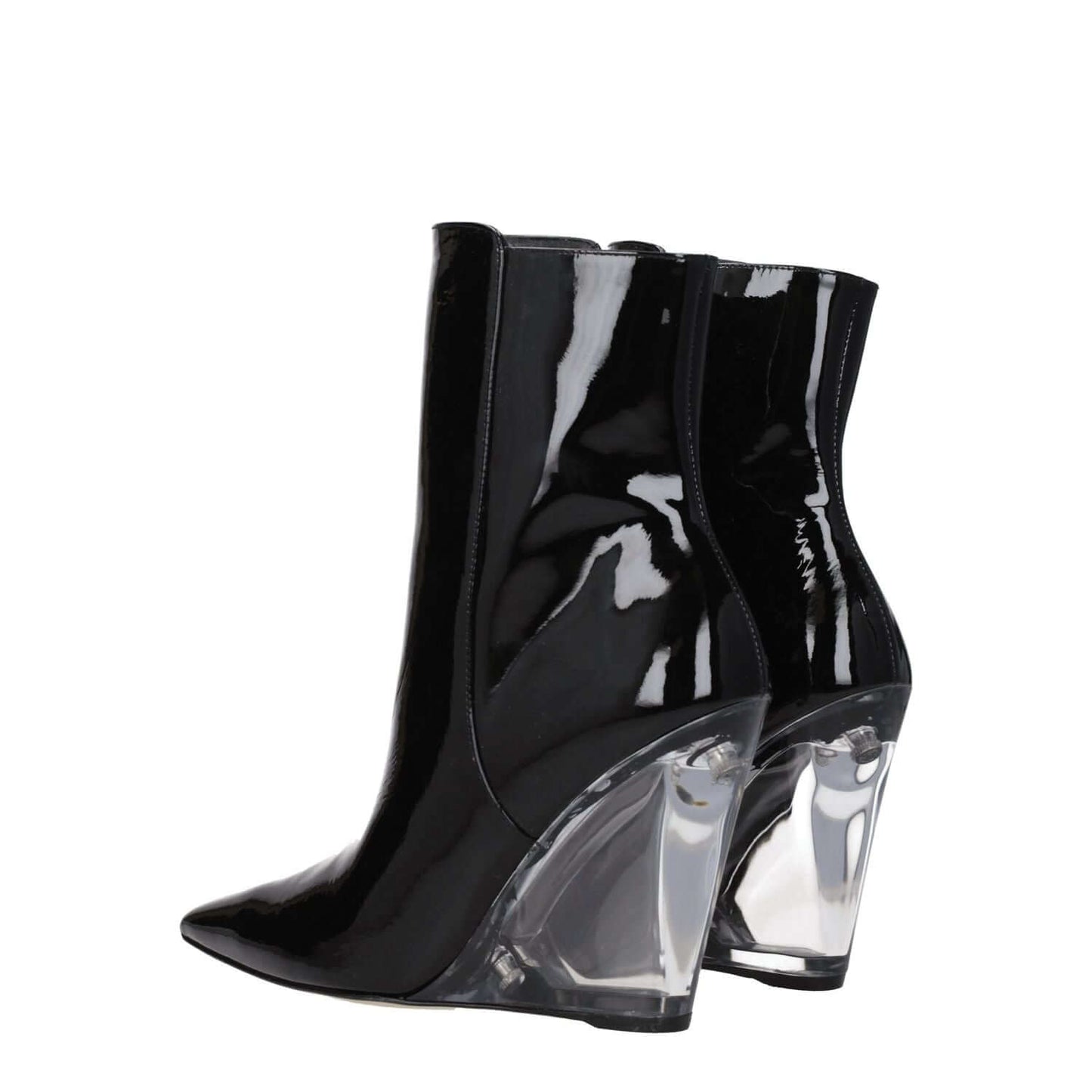 Stuart Weitzman Black Leather Ankle Boots with Lucite wedge heel, patent leather, zip closure, punk rock style.