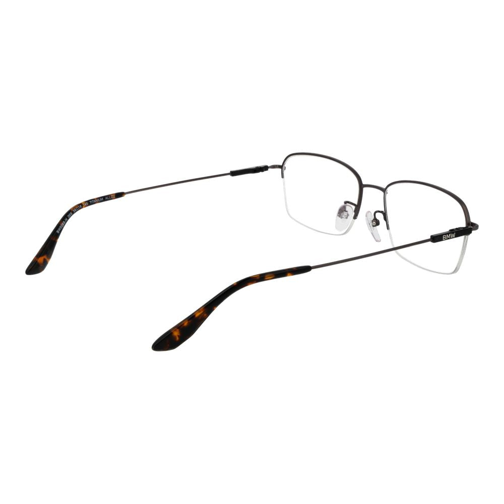 BMW Black Men Glasses Frame, half-rim titanium with plastic demo lenses, rectangle style, includes branded case