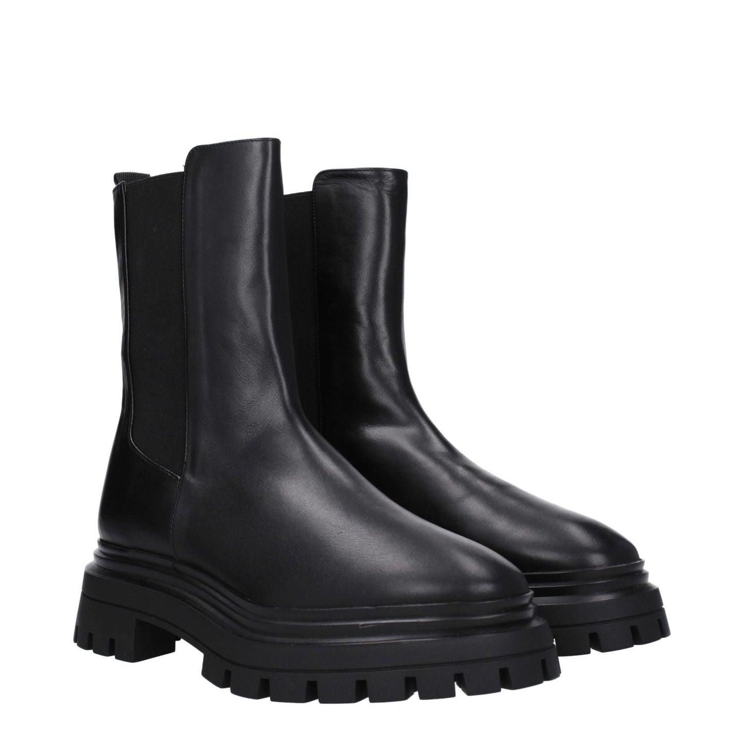 Stuart Weitzman Black Leather Ankle Boots with round toe, mid heels, and back logo, featuring rubber sole and 5.5 cm heel height.