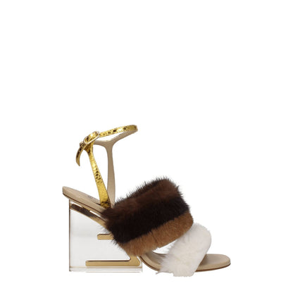 Fendi Brown Mink Strap-On Sandals with snake leather, gold accents, open toe, buckle closure, and high heel. MPN: 8X8275AI11F1H00.