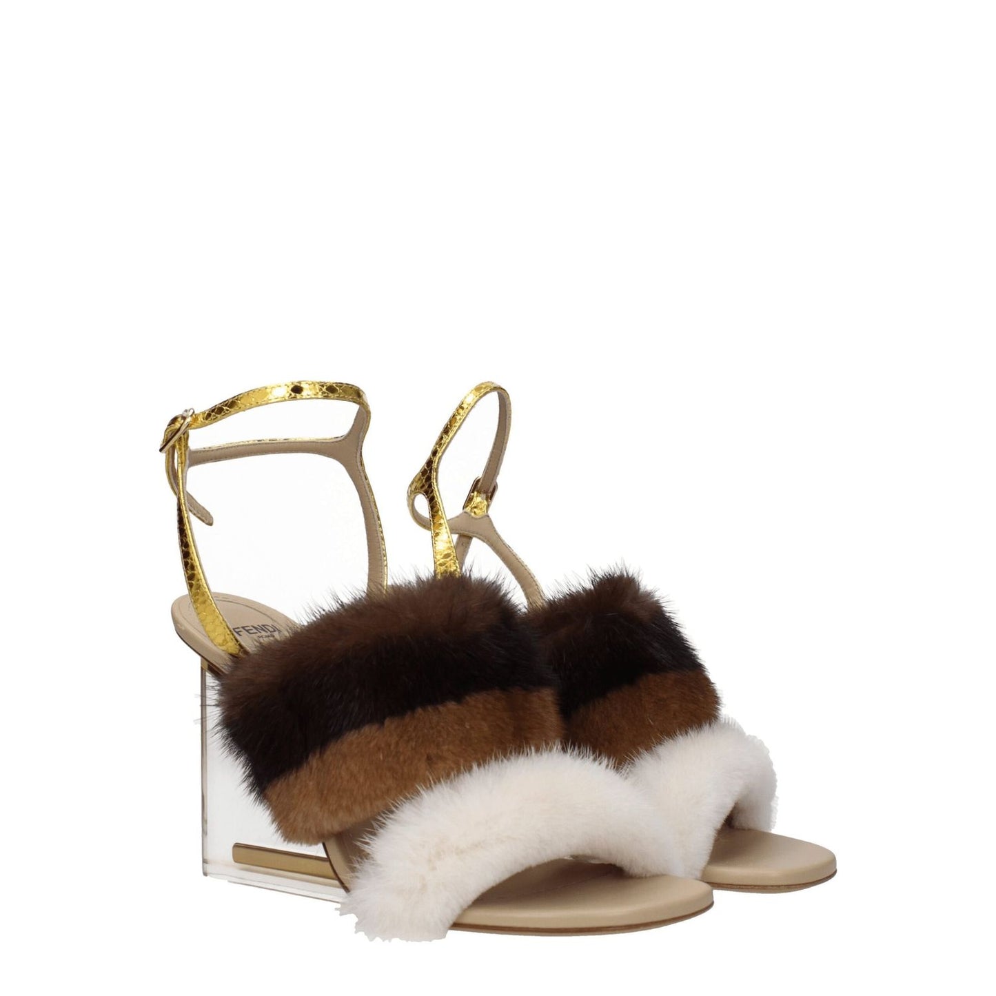 Fendi Brown Mink Strap-On Sandals with gold buckle, open toe and high heel, crafted from snake leather and leather sole.