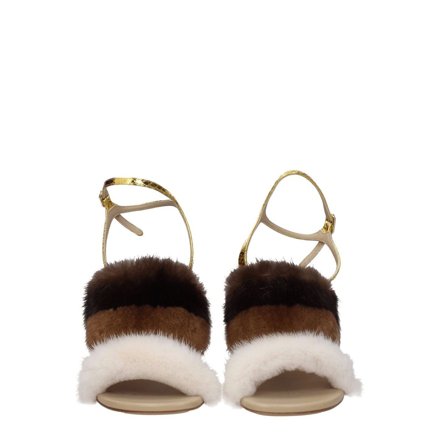 Fendi Brown Mink Strap-On Sandals with fur detail, high heel, buckle closure, open toe, snake leather, and gold accents.