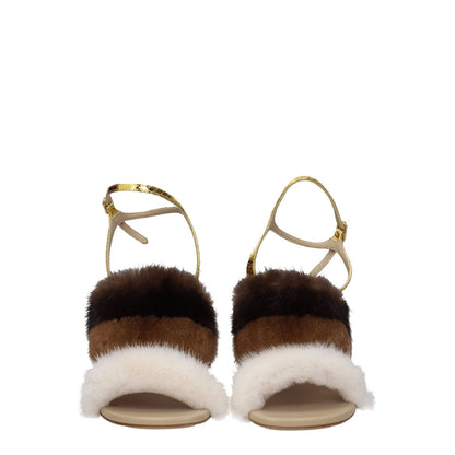 Fendi Brown Mink Strap-On Sandals with fur detail, high heel, buckle closure, open toe, snake leather, and gold accents.