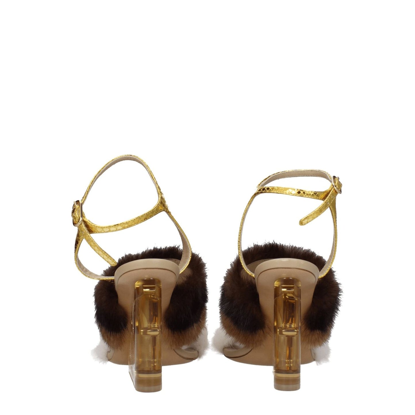Fendi Brown Mink Strap-On Sandals with gold buckle and high heel, featuring vintage effect and open toe design, rear view.