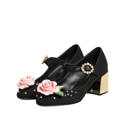 Dolce & Gabbana Black Flower Crystal Embellished Mary Jane Shoes