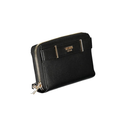 Guess Jeans Black Polyethylene Wallet with zip closure, external pocket, coin purse, and logo. Versatile with removable pull handle.