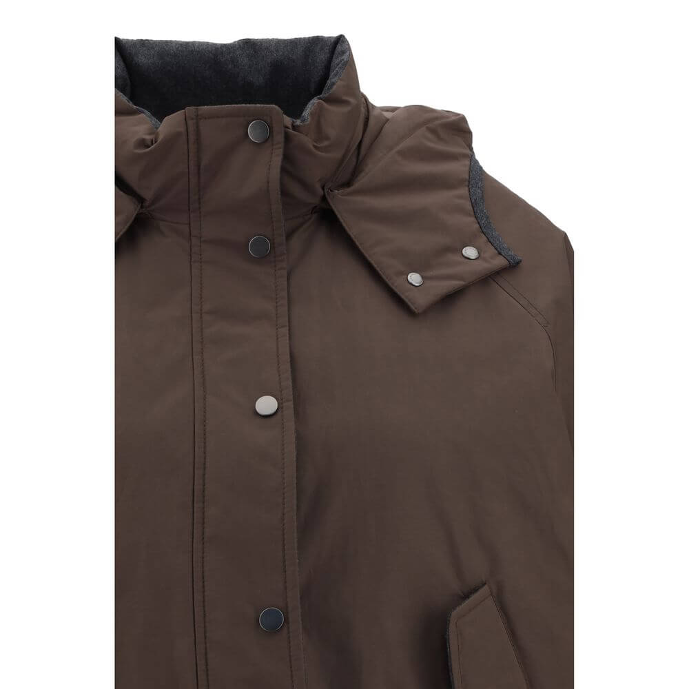 Brunello Cucinelli Brown Polyester Coat with removable hood and button closure, featuring side welt pockets and elastic hem for comfort.