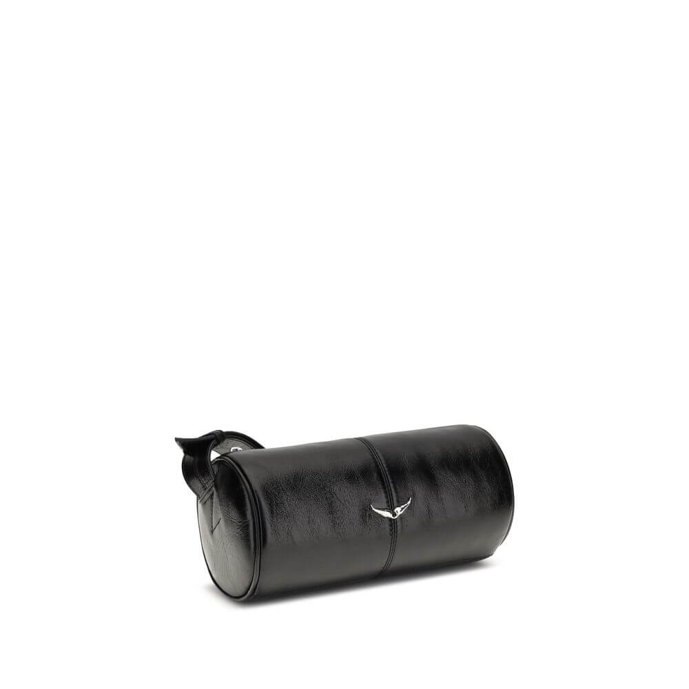 Zadig & Voltaire Black Leather Shoulder Bag with silver details and adjustable strap on white background