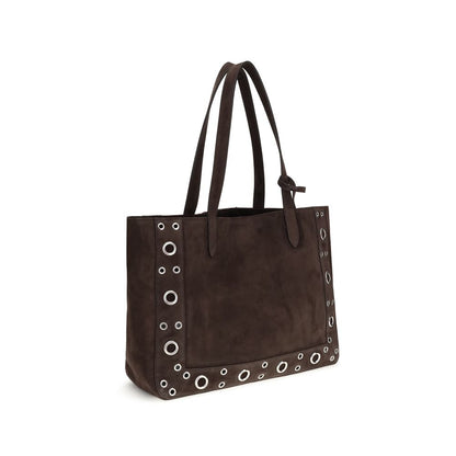 Valentino Garavani Brown Calf Leather Bos Taurus Shoulder Bag with studs and embroidery, featuring a VLogo detail.