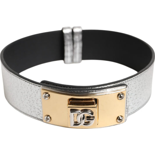 Dolce & Gabbana Silver Textured Leather Gold Tone Metal Neckband