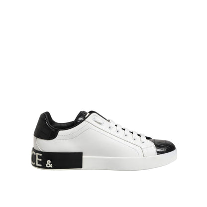 Dolce & Gabbana White Black Leather Portofino Sneaker Shoes