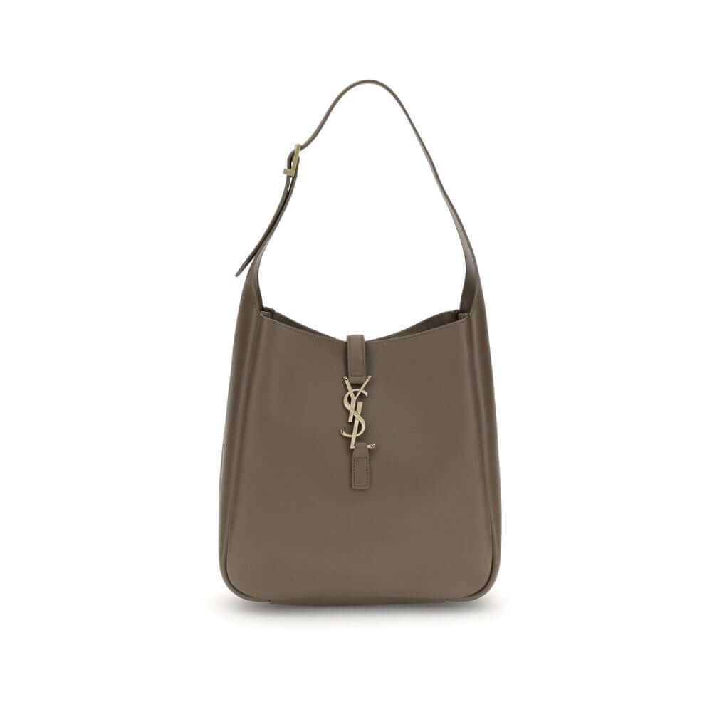Front view of Saint Laurent Brown Calf Leather Bos Taurus Shoulder Bag with YSL logo and adjustable strap