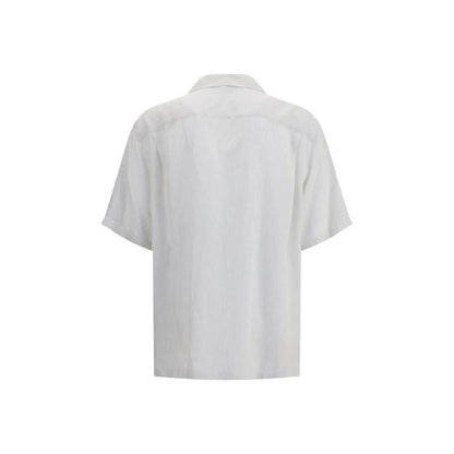 Back view of Alexander McQueen White Viscose Pattern Shirt with thin stripes and embroidered logo, short sleeves, and regular fit.