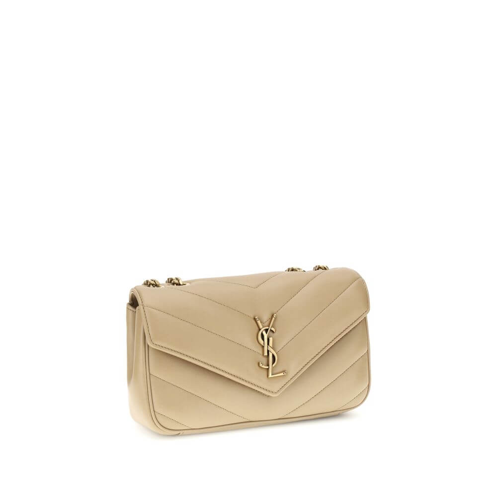 Alt Tag: Saint Laurent Beige LouLou Shoulder Bag with quilted design and brass logo, featuring versatile leather and chain strap.