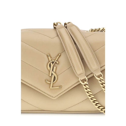 Saint Laurent Beige LouLou Shoulder Bag with quilted design, brass logo, and chain strap.