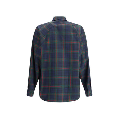 Alexander McQueen Green Polyester Pattern Shirt with tartan design, featuring buttoned cuffs and classic collar, back view.