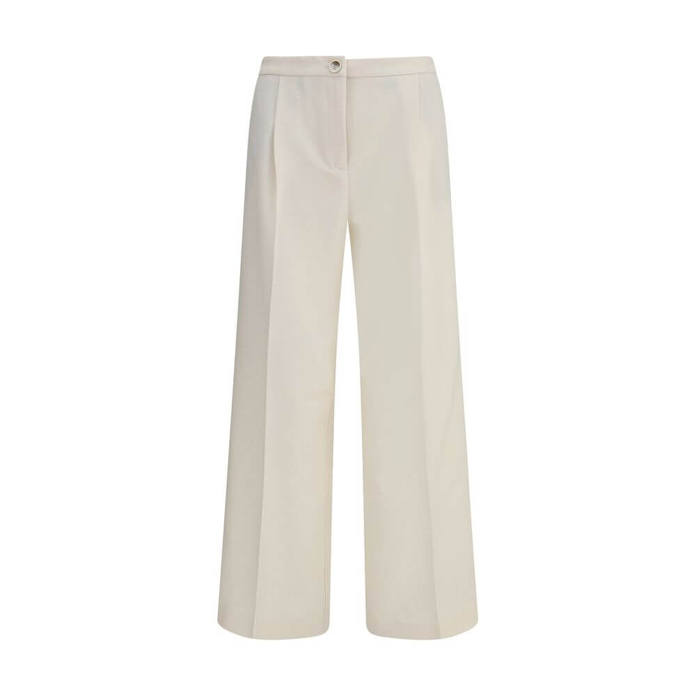 Cruna Cream Polyester Casual Pants with wide leg, front zip, and button fastening; features side slash and back welt pockets, Italian-made.