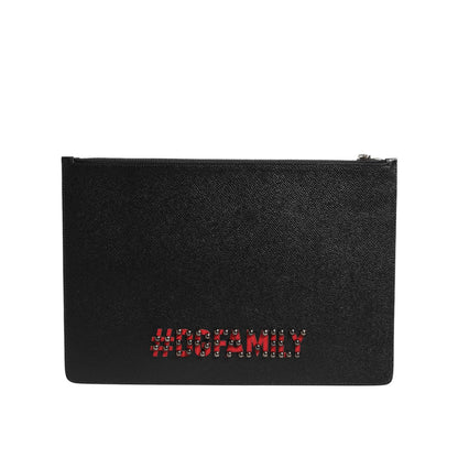 Dolce & Gabbana Black Leather #DGFAMILY Embellished Men Clutch Pouch Bag
