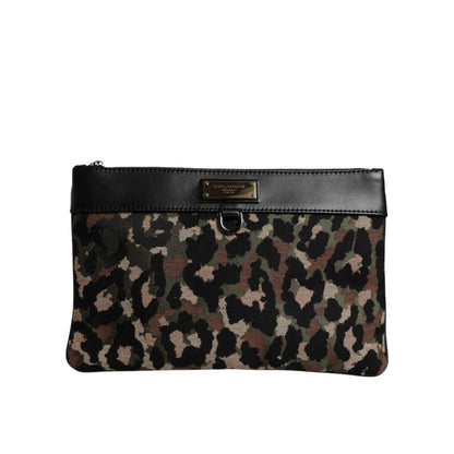 Dolce & Gabbana Multicolor Leopard Print Jacquard Logo Plaque Pouch Bag