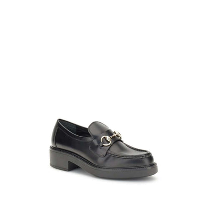 Gucci Black Calf Leather Bos Taurus Slip-On Loafers with horsebit detail, featuring a round toe and block heel for elegant style.