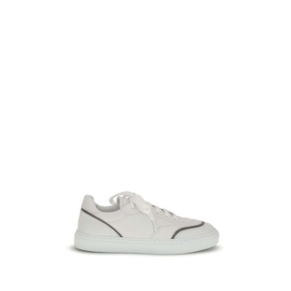 Brunello Cucinelli White Calf Leather Bos Taurus Low Top Sneakers with shiny details and rubber sole for comfort and durability.
