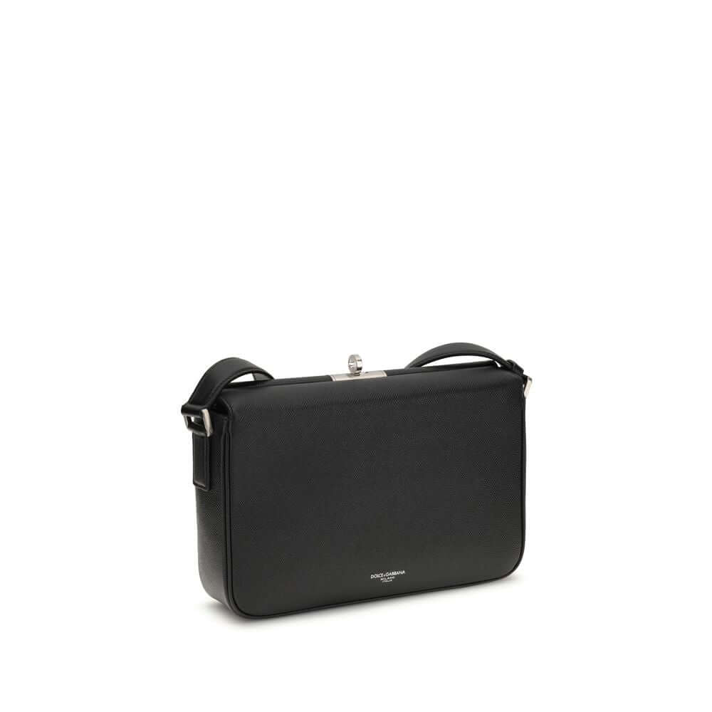 Dolce & Gabbana Black Calf Leather Bos Taurus Shoulder Bag with adjustable strap and logo zipper, Marlene collection