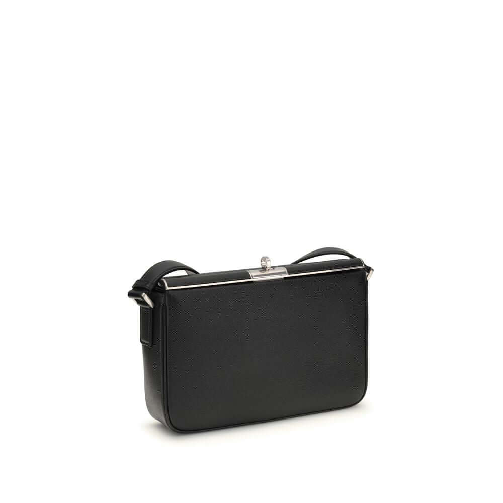 Dolce & Gabbana Black Calf Leather Bos Taurus Shoulder Bag with metal zipper and adjustable strap