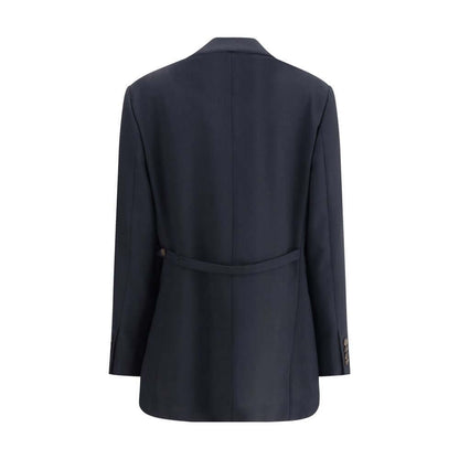 Back view of Brunello Cucinelli Blue Fleece Wool Blazer with back martingale detail, showing impeccable tailoring and elegant design.