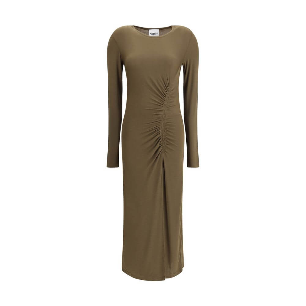 Marant Etoile Green Modal Casual Dress with elegant draping and long sleeves, featuring a feminine front slit.