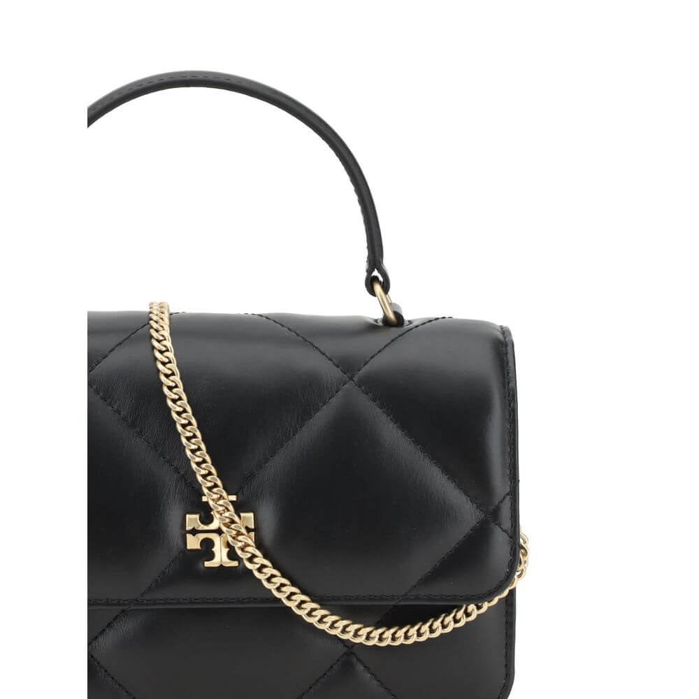 Close-up of Tory Burch Black Calf Leather Bos Taurus Wallet with quilted design and chain strap.