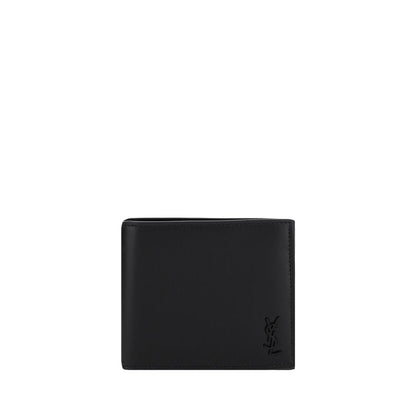 Saint Laurent Black Calf Leather Bos Taurus Wallet with logo plaque and bill fold design.