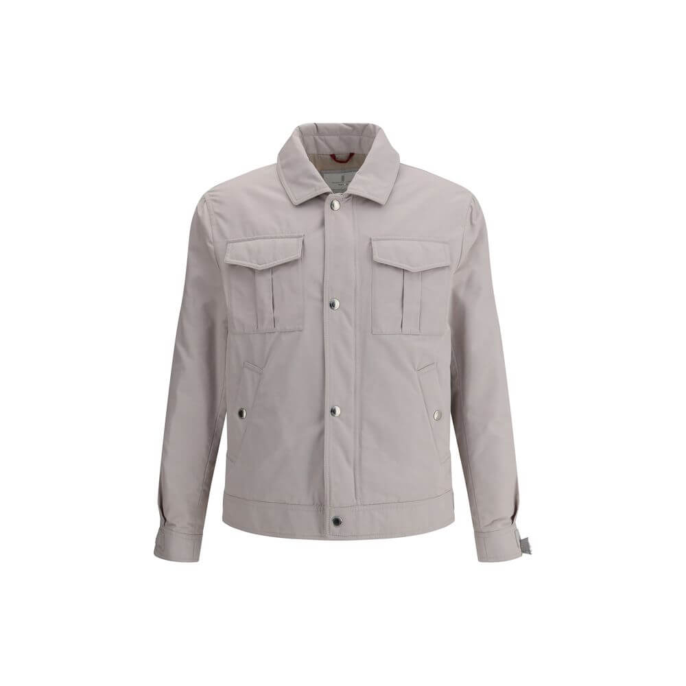 Brunello Cucinelli White Polyamide Coat with classic collar, front zipper, snap-button closure, and functional pockets.