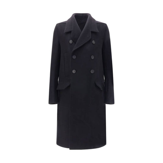 Rick Owens Black Fleece Wool Coat with wide lapels and double-breasted buttons, featuring four front pockets. Made in Italy. AW25 season.