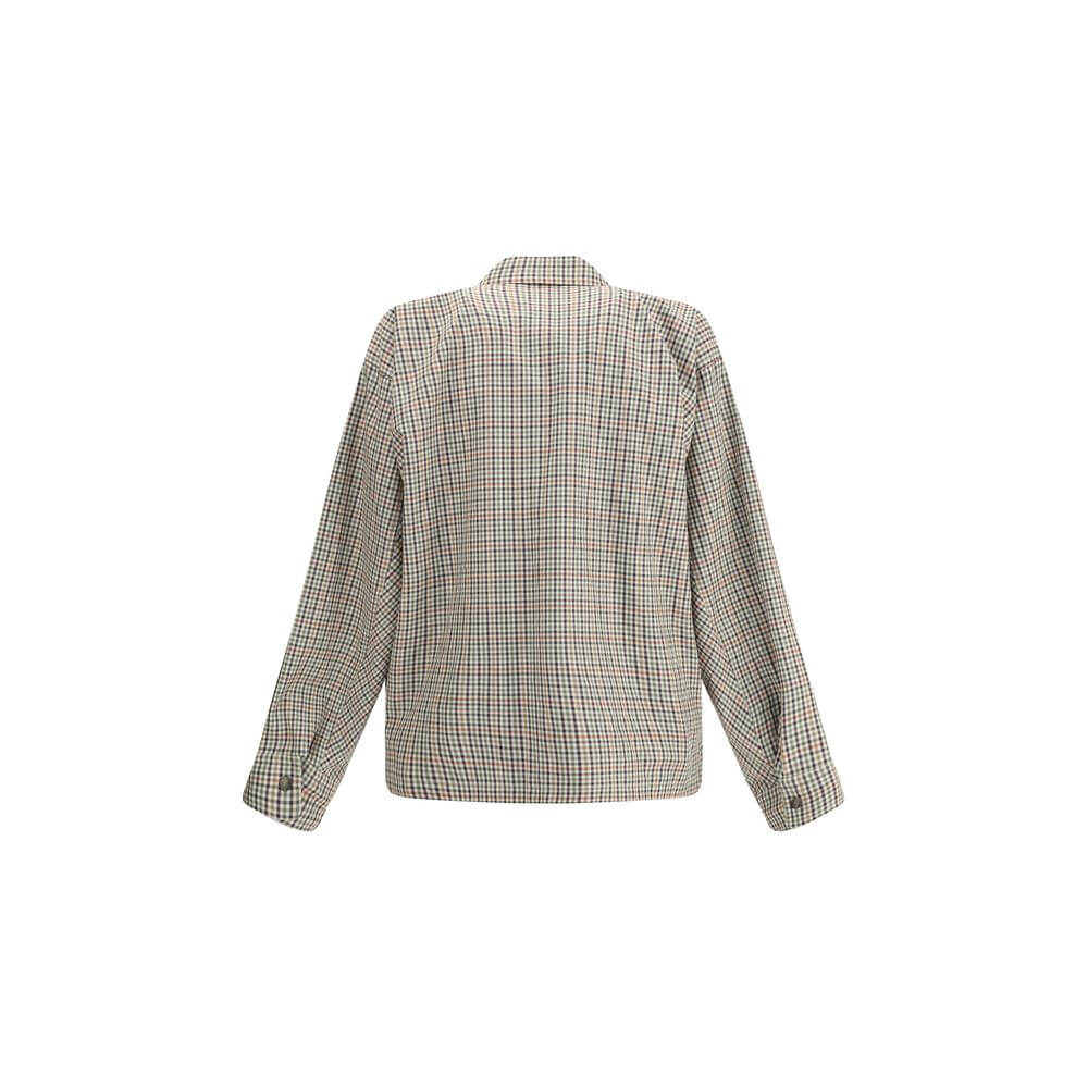 Back view of Balenciaga Multicolor Cotton Coat in checked flannel with collar and zipper, featuring chest and back logo embroidery.