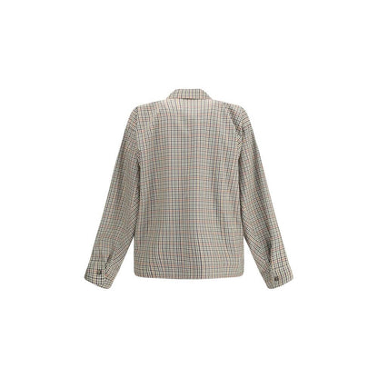 Back view of Balenciaga Multicolor Cotton Coat in checked flannel with collar and zipper, featuring chest and back logo embroidery.