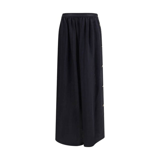 Kristina Ti Black Fleece Wool Long Skirt with golden buttons, elegant semi-wheeled design, 88% wool and 12% silk. Made in Italy.