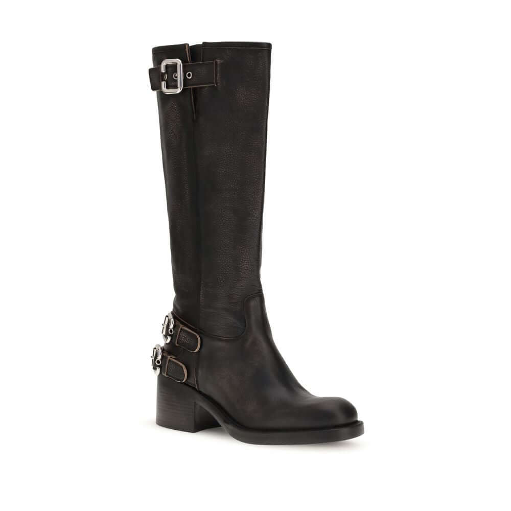 Chloé Black Calf Leather Bos Taurus Lace-Up Boots with tubular shaft and silver buckles, perfect for a bold AW25 style.