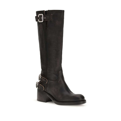 Chloé Black Calf Leather Bos Taurus Lace-Up Boots with tubular shaft and silver buckles, perfect for a bold AW25 style.