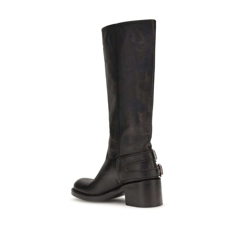 Chloé Black Calf Leather Bos Taurus Lace-Up Boots, knee-high biker style with silver Paddington buckles, side view.