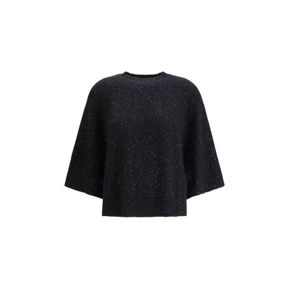 Fabiana Filippi Black Fleece Wool Sweatshirt with sequins, ribbed crew neck, and wide 3/4 sleeves for a sophisticated, modern look.