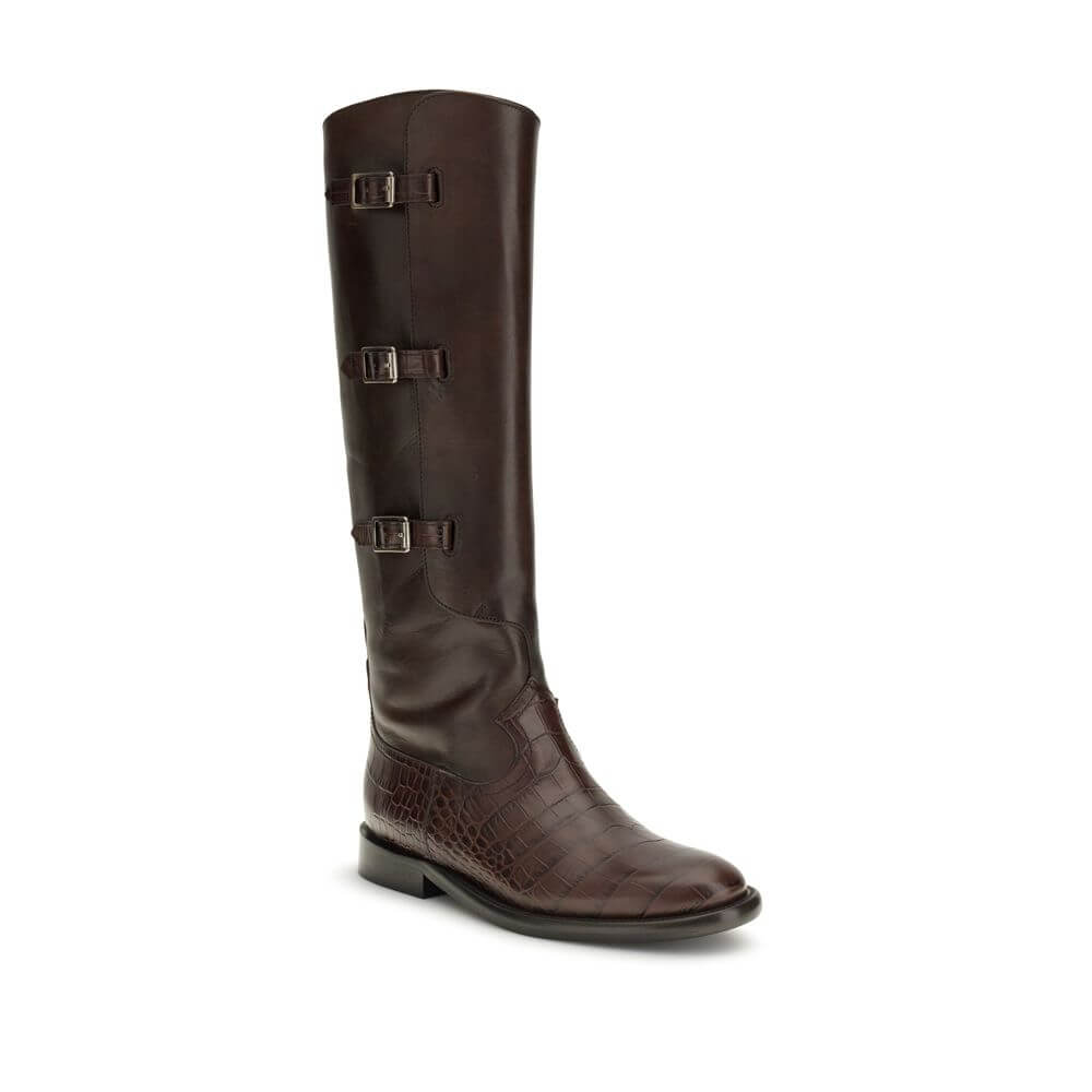 Paris Texas Brown Leather Lace-Up Boots with crocodile embossed details and decorative buckles, knee-high urban western style. AW25 collection.