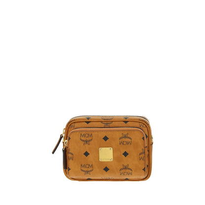 Alt Tag: MCM Brown Cotton Shoulder Bag with gold-tone details, iconic monogram print, and versatile adjustable strap.